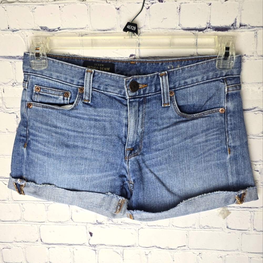 J Crew Indigo Denim Cuffed 5 Pocket Blue Jean Shorts Size 24
